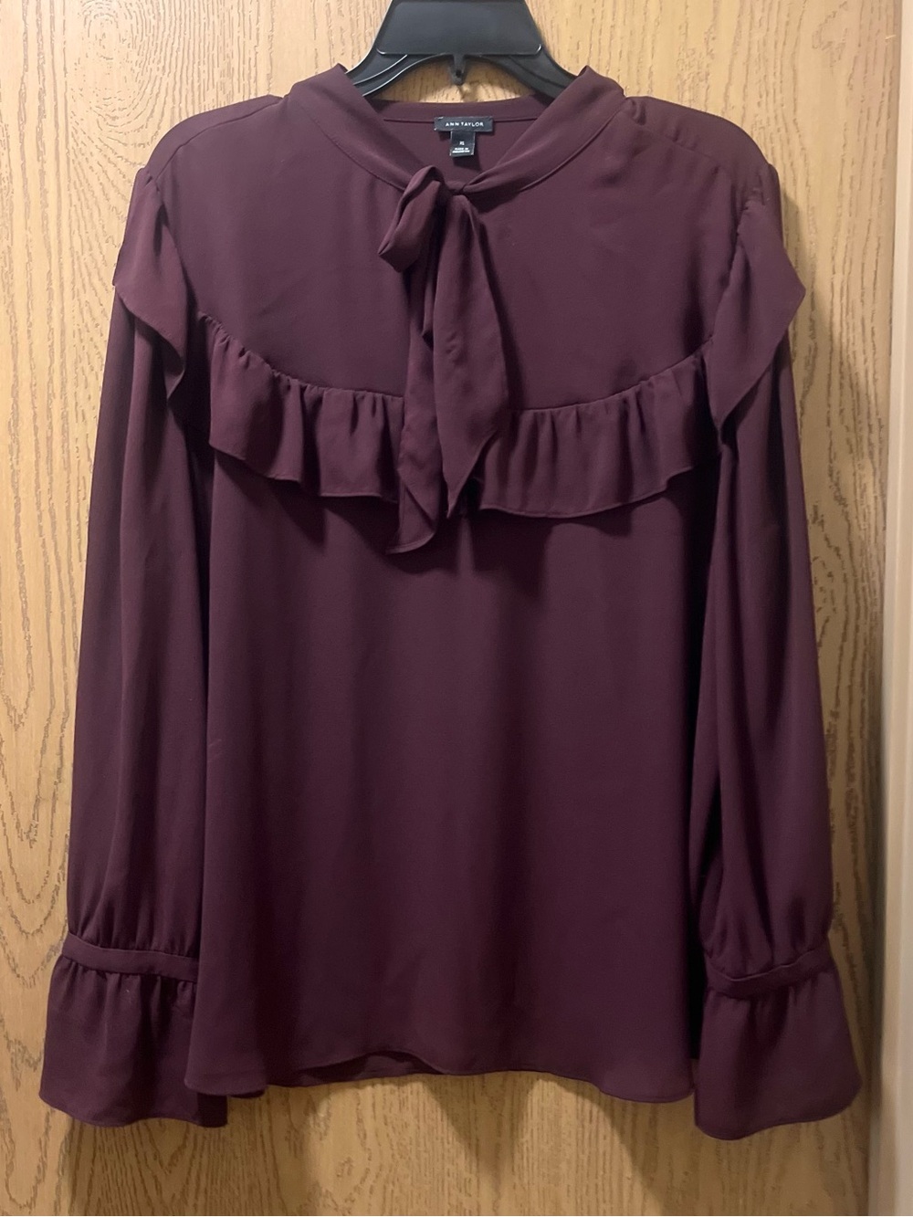 Ann Taylor Wine Tie-Neck Ruffle Blouse